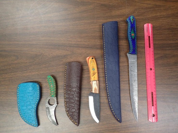 custom-damascus-knives-w/-sheath---qty-2,-fillet-knife-w/-sheath--qty-1---tag-#-6559-image-1