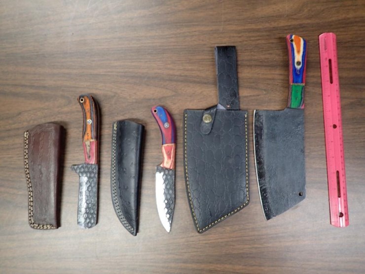 custom-damascus-knives-w/-sheath---qty-1,-butcher-knife-w/-sheath---qty-1,-bull-cutter-knife-w/-image-1