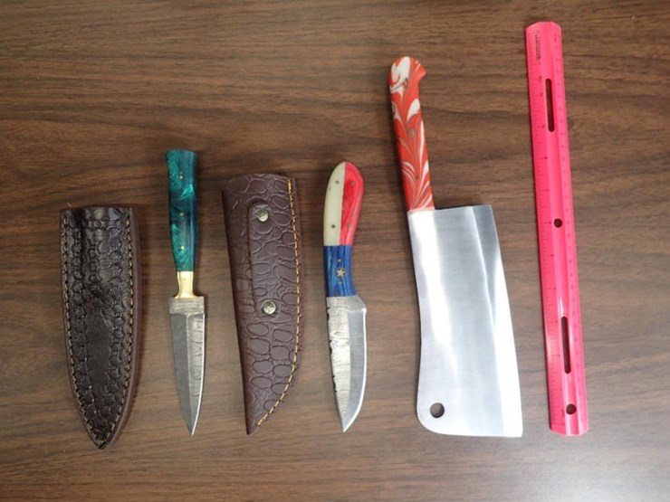 custom-damascus-knives-w/-sheath---qty-2,-butcher-knife---qty-1---tag-#-9615-image-1