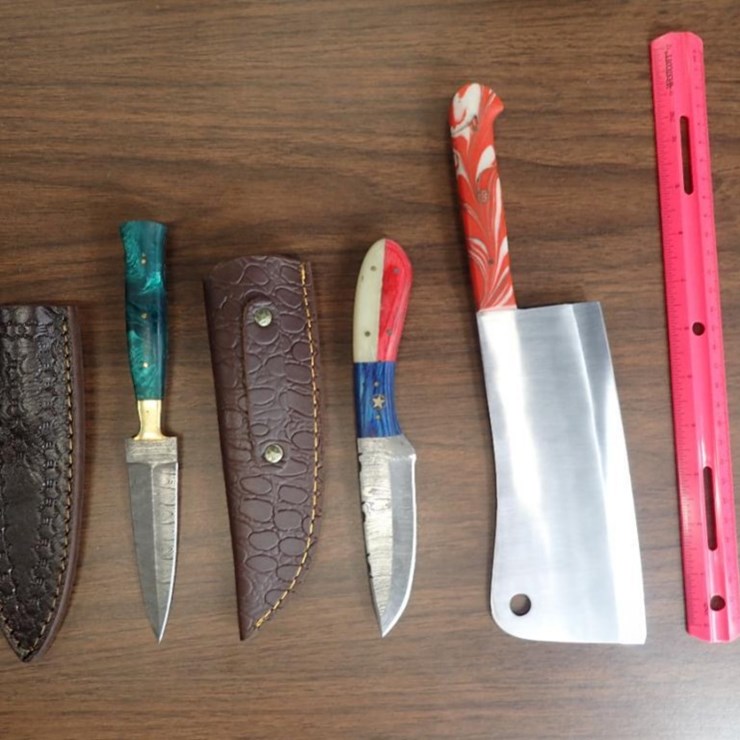 Custom Damascus Knives w/ Sheath - Qty 2, Butcher Knife - Qty 1 - Tag # 9615