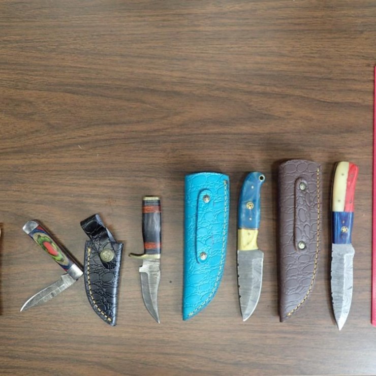 Custom Damascus Knives w/ Sheath - Qty 3, Keychain Mini Folding Pocket Knife w/ Sheath - Qty 1 - Tag