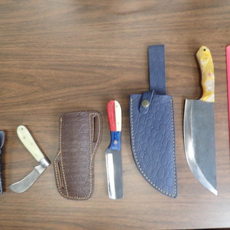 Custom Damascus Knife w/ Sheath - Qty 1, Bull Cutter Knife w/ Sheath - Qty 1, Folding Pocket Knife