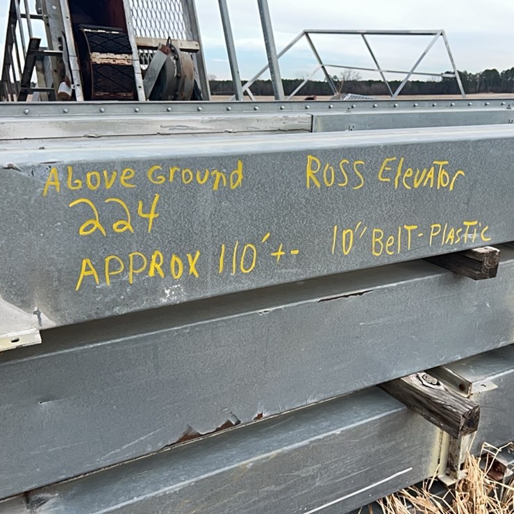 ROSS ABOVE GROUND LEG ELEVATOR, APPROX 110' (+/-) WITH BELT AND PLASTIC CUPS, GOOD CONDITION, OWNER REPLACED WITH LARGER, FASTER ELEVATOR, HEAD, DOWN SPOUTS AND DISTRIBUTION BOX