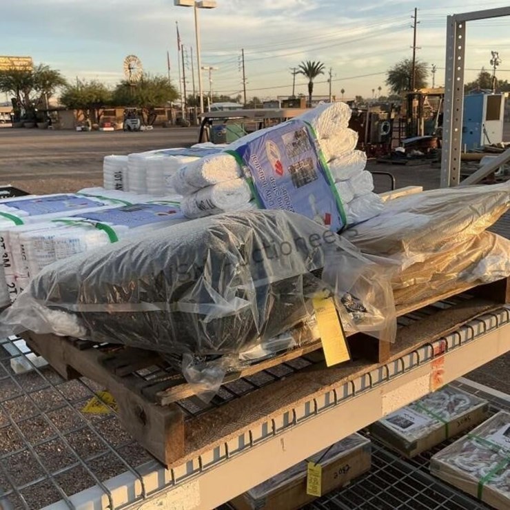 PALLET OF MISC LIFTING STRAPS AND SHADE MATERIAL