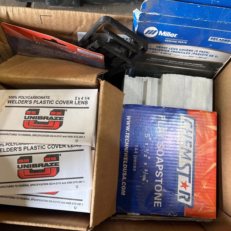 #81 • BOX OF ASSORTED WELDING SHIELD LENSAND FLAT SOAP STONE