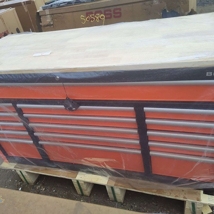 Unused Boss 16 Drawer Rolling Workbench Tool Box with Peg Board & Tools- Qty 1