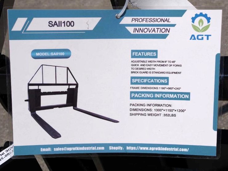 agt-industrial-skid-steer-48"-adjustable-pallet-fork-frame-attachment,-m/n-saii100,-unused-image-2