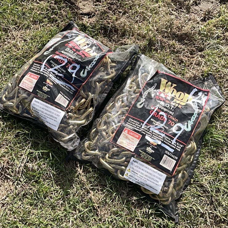 NEW WOOD TUFF TOW 5/16" X 20' G-70 DOT APPROVED TRANSPORT CHAIN ( 2 PER LOT) NEW SUPPORT EQUIPMENT