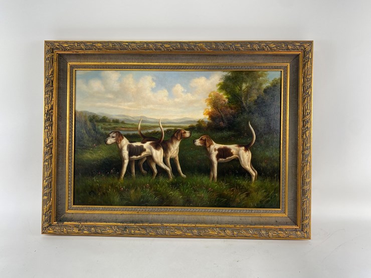 #70-•-#5141-•-antique-framed-oil-on-canvas-of-hunting-dogs-34"x45"-image-1