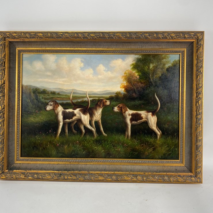 #70 • #5141 • Antique Framed Oil on Canvas of Hunting Dogs 34"x45"