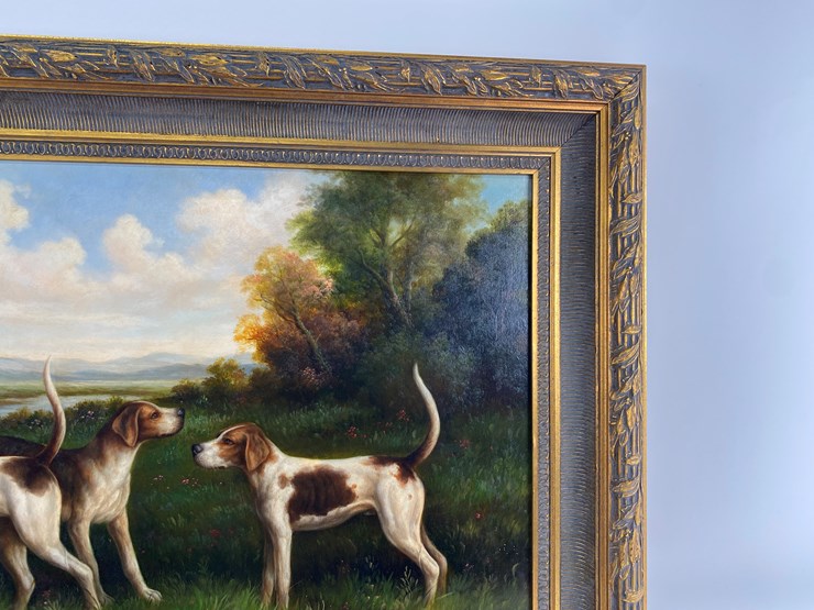 #70-•-#5141-•-antique-framed-oil-on-canvas-of-hunting-dogs-34"x45"-image-7