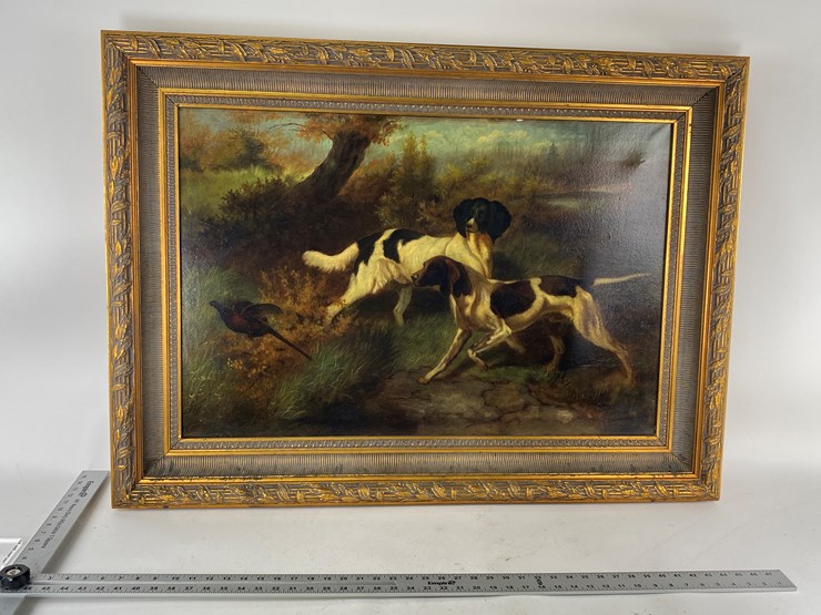 #69-•-#5140-•-antique-framed-j.-galvin-oil-on-canvas-of-dogs-and-pheasant-34"x45"-image-3
