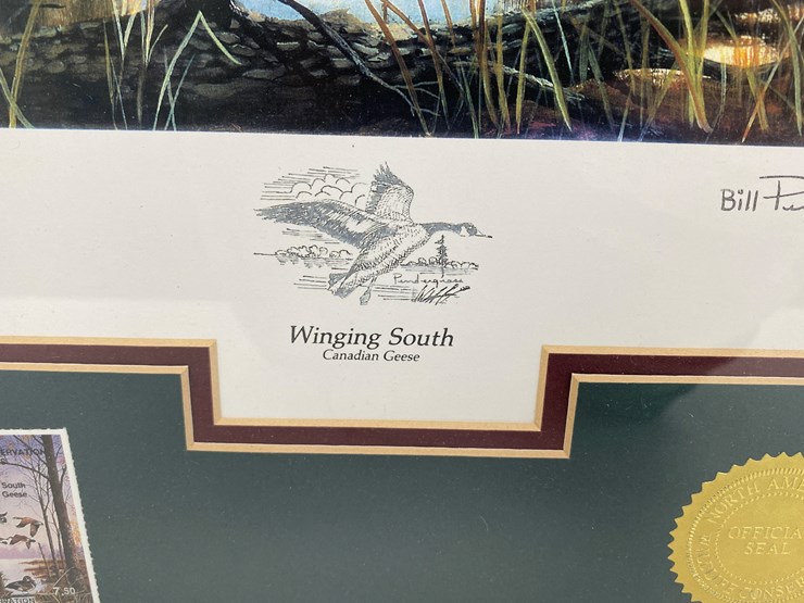 #68-•-#1048-•-"winging-south"-by-bill-pendergrass.-framed-north-american-wildlife-conservation-signed-print-and-stamp-1334/2000.-24"x20"-image-2