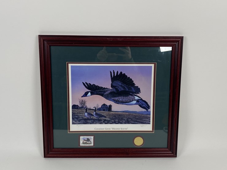 #47-•-#1035-•-"canadian-geese-'headed-south'"-by-eddie-e.-roy.-framed-american-wetlands-conservation-signed-print-and-stamp-161/2500.-18"x20"-image-1