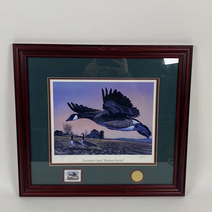 #47 • #1035 • "Canadian Geese 'Headed South'" by Eddie E. Roy. Framed American Wetlands Conservation Signed Print and Stamp 161/2500. 18"x20"