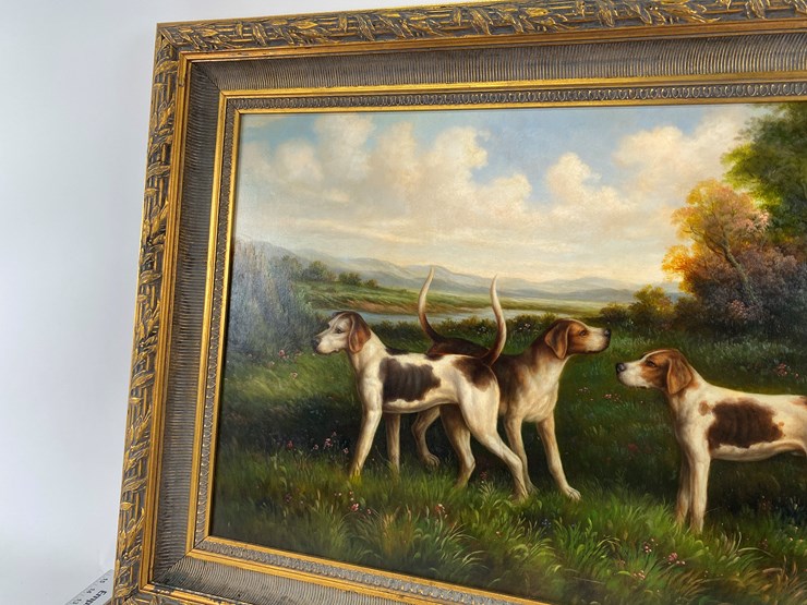#70-•-#5141-•-antique-framed-oil-on-canvas-of-hunting-dogs-34"x45"-image-8