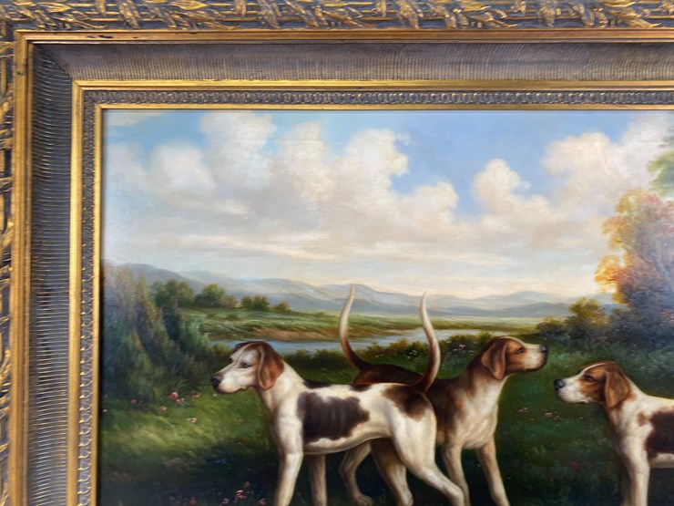 #70-•-#5141-•-antique-framed-oil-on-canvas-of-hunting-dogs-34"x45"-image-5