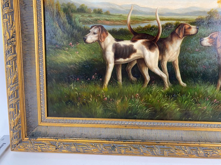 #70-•-#5141-•-antique-framed-oil-on-canvas-of-hunting-dogs-34"x45"-image-4