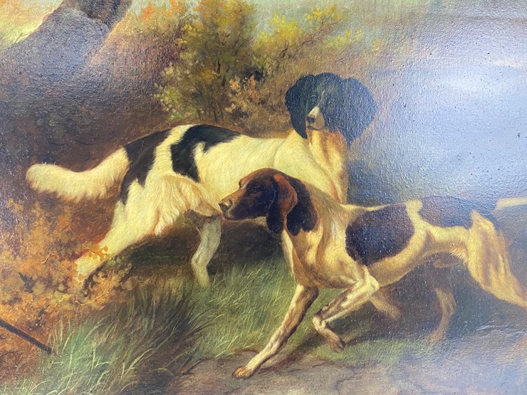 #69-•-#5140-•-antique-framed-j.-galvin-oil-on-canvas-of-dogs-and-pheasant-34"x45"-image-6