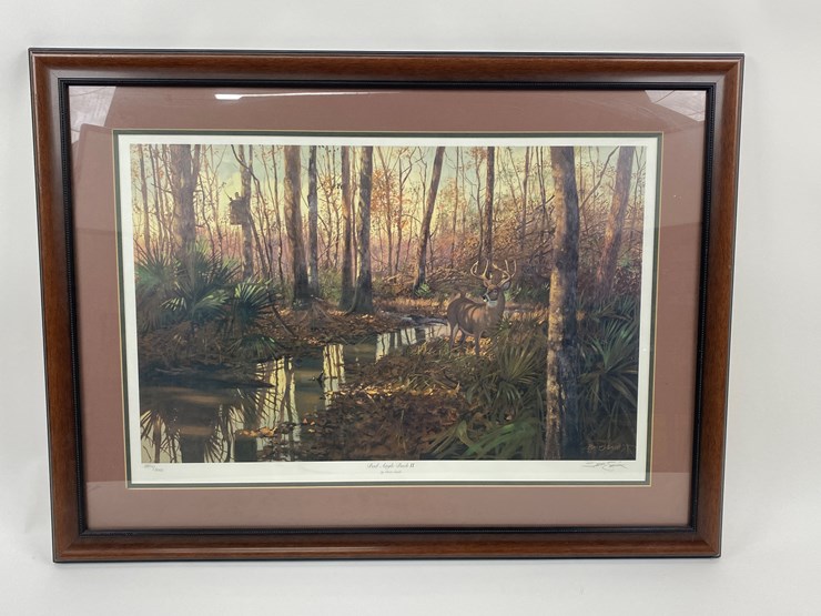#76-•-#1027-•-"bad-angle-buck-ii"-by-brett-smith.-framed-ducks-unlimited-signed-print-2974/3000,-27"x36"-image-1