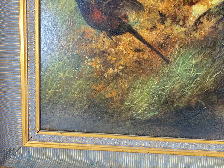 #69-•-#5140-•-antique-framed-j.-galvin-oil-on-canvas-of-dogs-and-pheasant-34"x45"-image-4