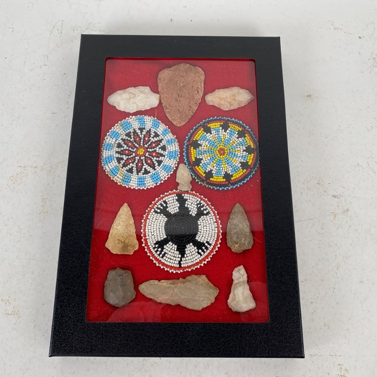 #95 • #5160 • (12) Framed Native American Artifacts Featuring Points and Beaded Amulets