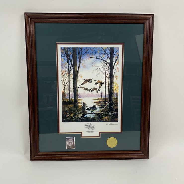 #68 • #1048 • "Winging South" by Bill Pendergrass. Framed North American Wildlife Conservation Signed Print and Stamp 1334/2000. 24"x20"