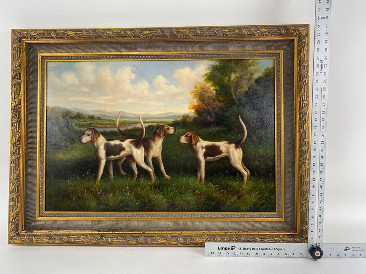 #70-•-#5141-•-antique-framed-oil-on-canvas-of-hunting-dogs-34"x45"-image-2
