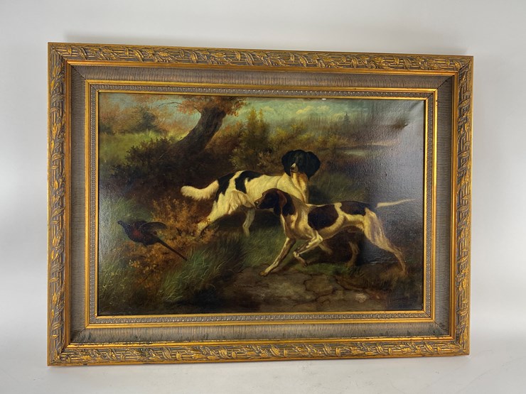 #69-•-#5140-•-antique-framed-j.-galvin-oil-on-canvas-of-dogs-and-pheasant-34"x45"-image-1