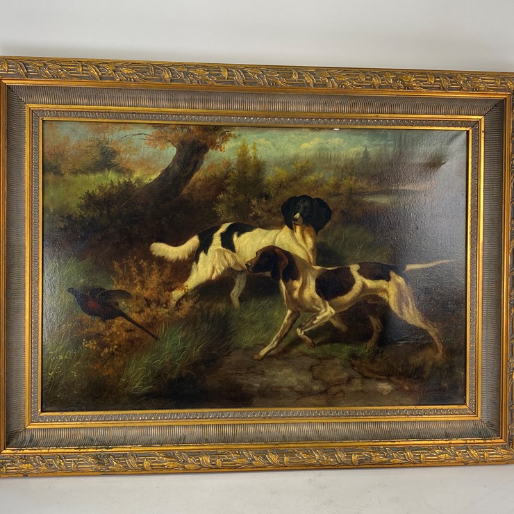 #69 • #5140 • Antique Framed J. Galvin Oil on Canvas of Dogs and Pheasant 34"x45"