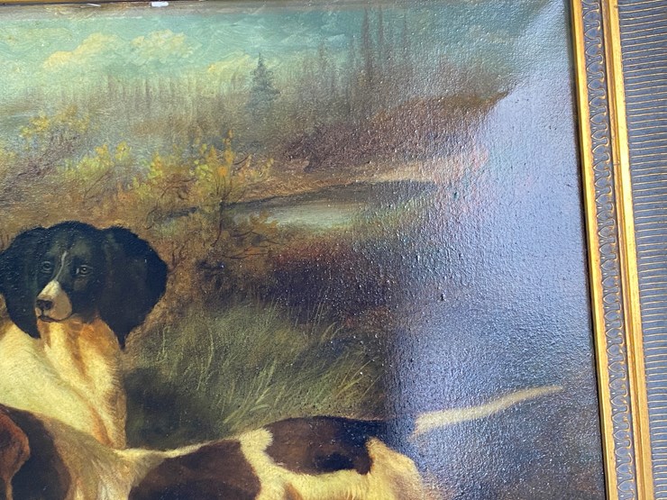 #69-•-#5140-•-antique-framed-j.-galvin-oil-on-canvas-of-dogs-and-pheasant-34"x45"-image-7