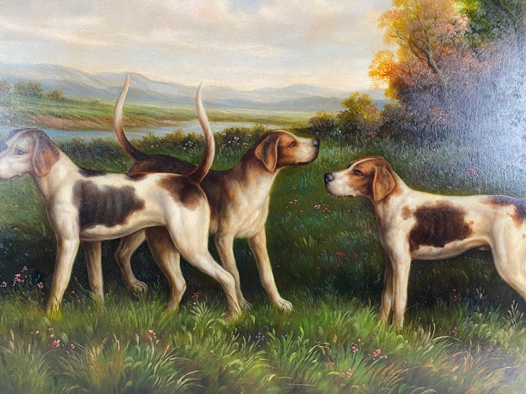 #70-•-#5141-•-antique-framed-oil-on-canvas-of-hunting-dogs-34"x45"-image-6