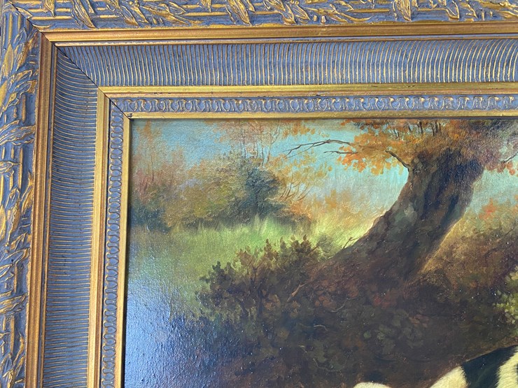 #69-•-#5140-•-antique-framed-j.-galvin-oil-on-canvas-of-dogs-and-pheasant-34"x45"-image-5