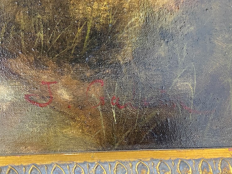 #69-•-#5140-•-antique-framed-j.-galvin-oil-on-canvas-of-dogs-and-pheasant-34"x45"-image-10