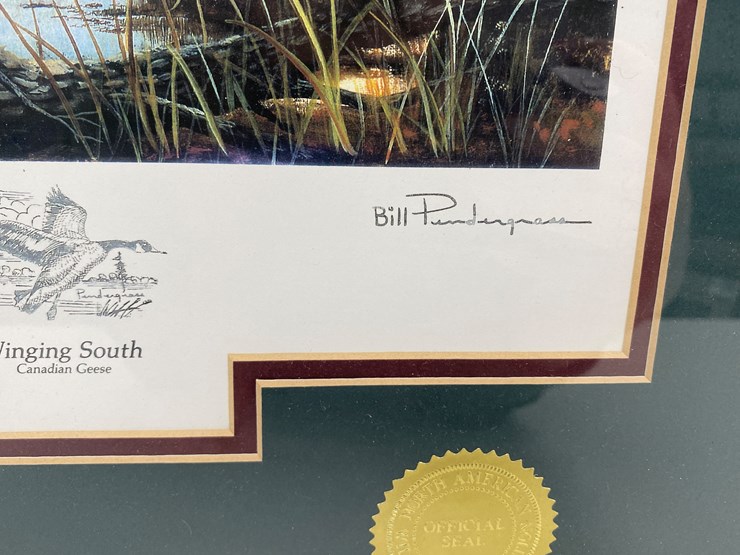 #68-•-#1048-•-"winging-south"-by-bill-pendergrass.-framed-north-american-wildlife-conservation-signed-print-and-stamp-1334/2000.-24"x20"-image-3