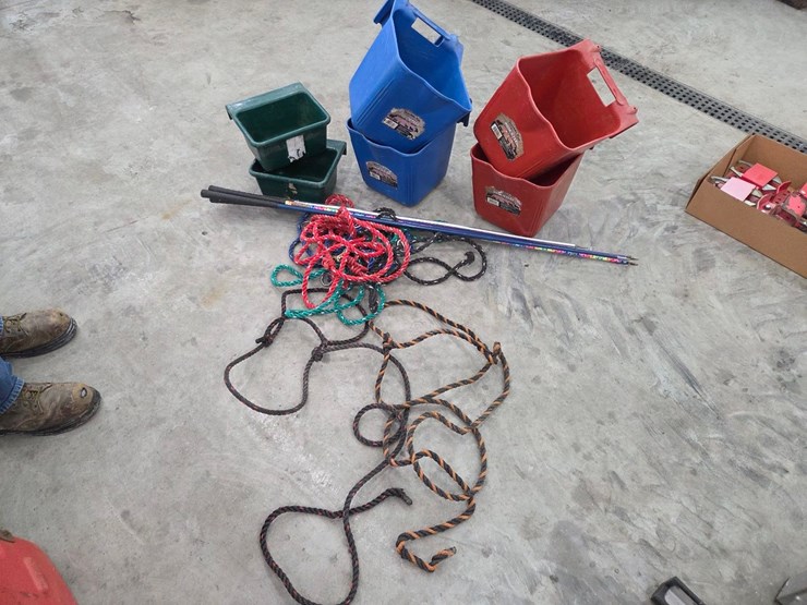 (2)-calf-rope-halters,-(5)-calf-neck-ties,-(6)-hanging-feeders-&-(4)-show-sticks-image-1