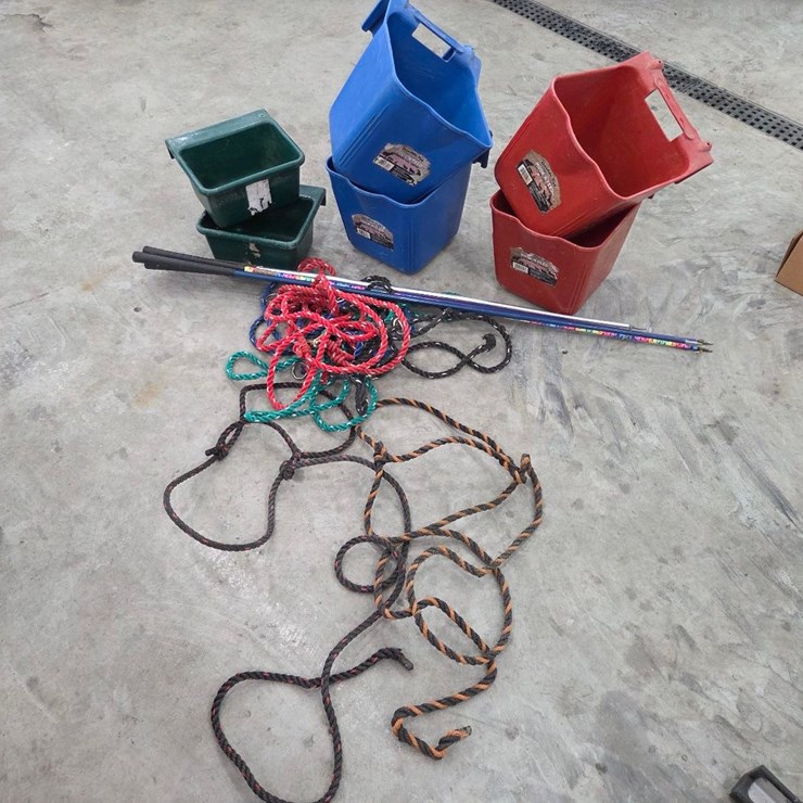 (2) calf rope halters, (5) calf neck ties, (6) hanging feeders & (4) show sticks