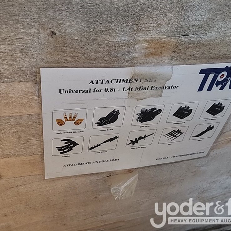 Unused 2025 TPM Qty 10 Attachments to suit Mini Excavator, 5pcs Bucket Teeth With Bolts And Nuts, 8” Bucket, 24” Bucket, 32” Bucket, Ripper, Rake, Quick Hitch, 8”, 12” Auger Rod, Grabber In Wooden Box, For 0.8-1.4 Ton Mini Excavators, 1” Pin Hole