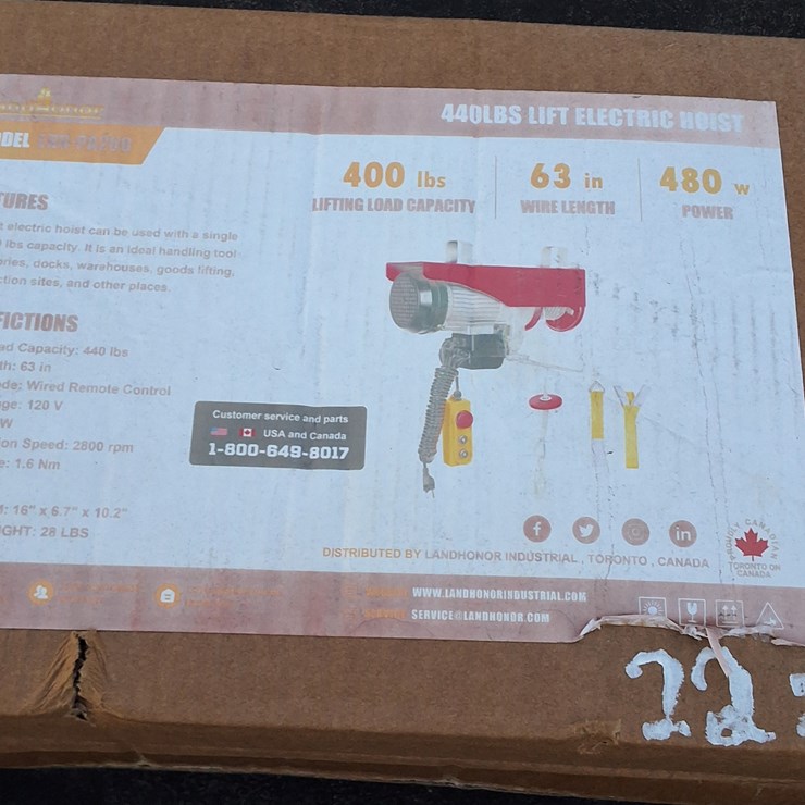 #322 • 440 LB CAPACITY OVERHEAD ELECTRIC HOIST, APPEARS UNUSED