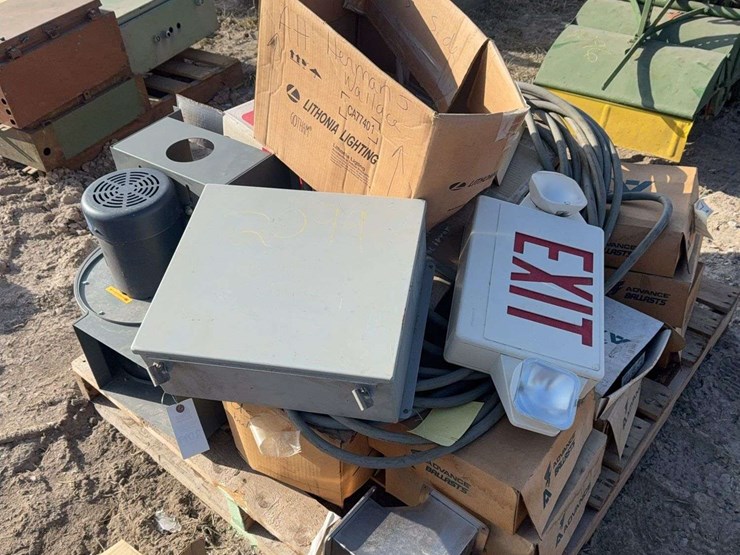 pallet-of-assortment-of-breakers,-exit-sign,-new-fan-and-misc-image-1