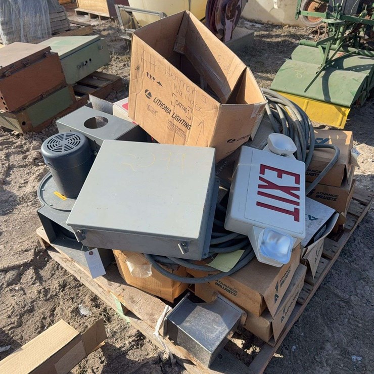 Pallet of assortment of breakers, exit sign, new fan and misc