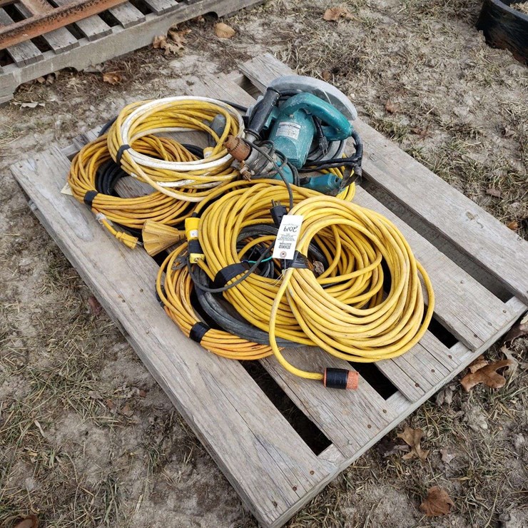 Pallet of Extension Cords, some are taped, electric drill and saw