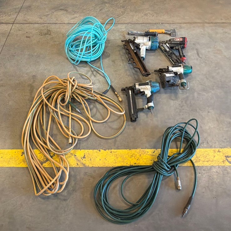 Assortment of Nail Guns, Hand Nailers, and Hose