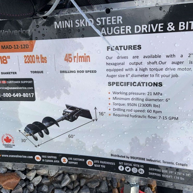 Unused Mini Skid Steer Auger & Bit Attachment