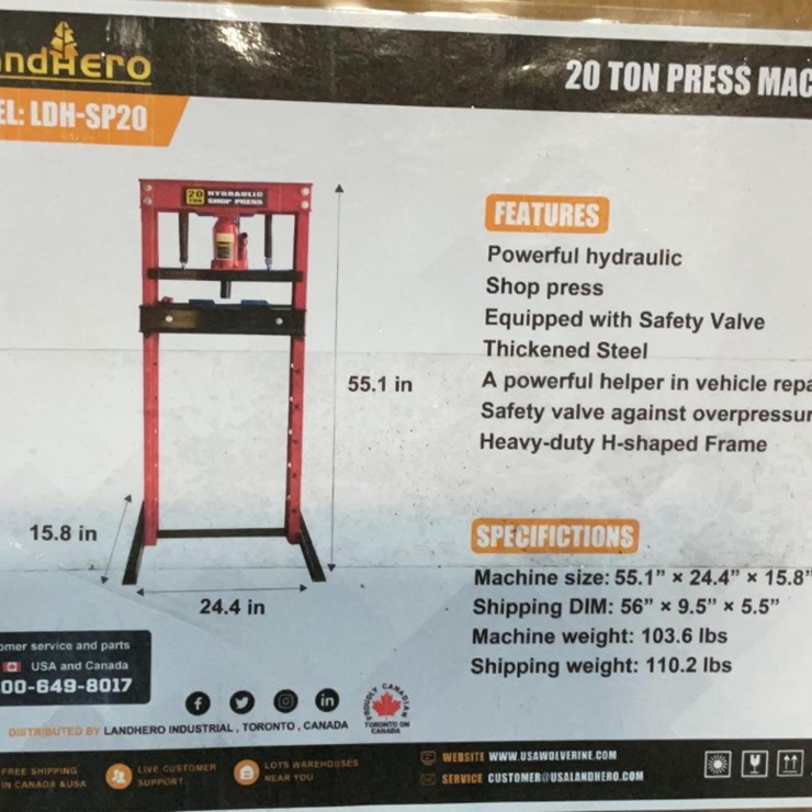 (Inv.53042) New Unused Landhero LDH-SP20 Hydraulic 20 Ton Shop Press