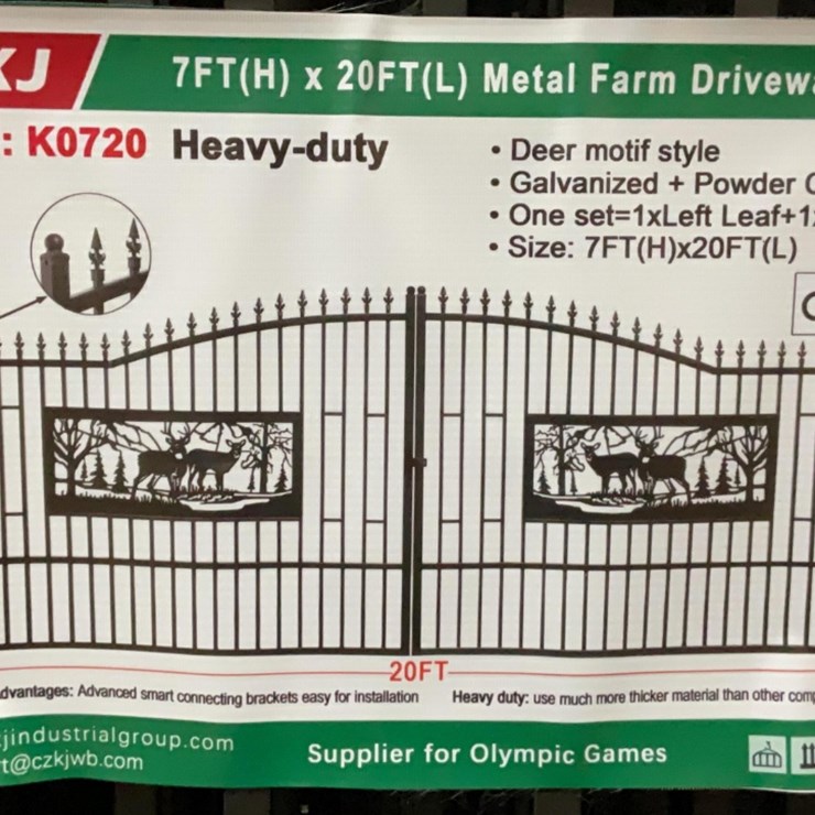 (Inv.53029) New Unused KJ K0720 Metal Driveway Gate with Deer Motif, 20' Wide x 7' Tall
