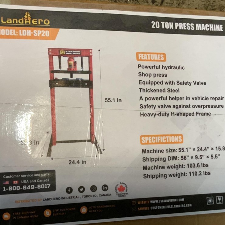 (Inv.53040) New Unused LandHero LDH-SP20 Hydraulic 20 Ton Shop Press,