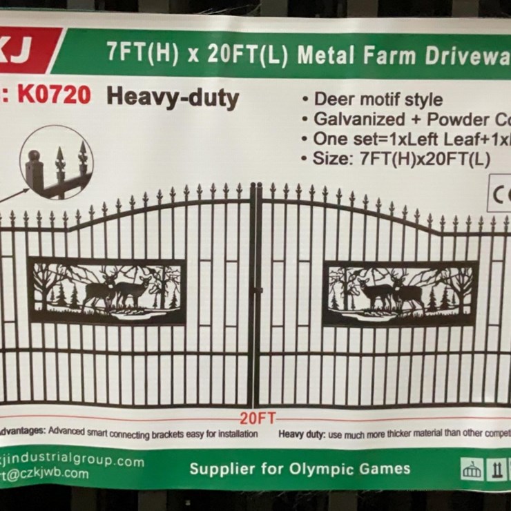 (Inv.53029) New Unused KJ K0720 Metal Driveway Gate with Deer Motif, 20' Wide x 7' Tall