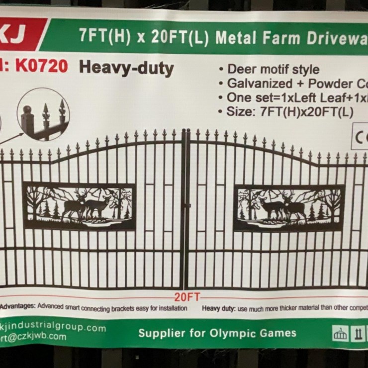 (Inv.53029) New Unused KJ K0720 Metal Driveway Gate with Deer Motif, 20' Wide x 7' Tall