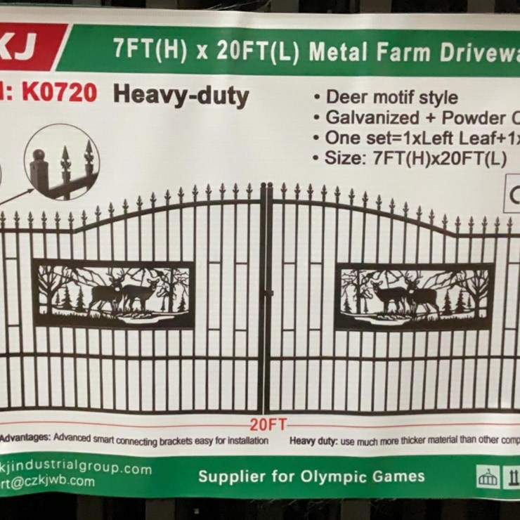(Inv.53029) New Unused KJ K0720 Metal Driveway Gate with Deer Motif, 20' Wide x 7' Tall